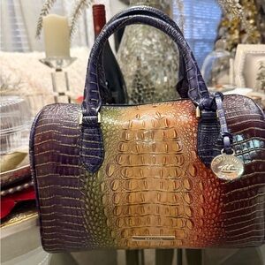Brahmin Purple and Brown Croc-Embossed Satchel & Matching Wallet